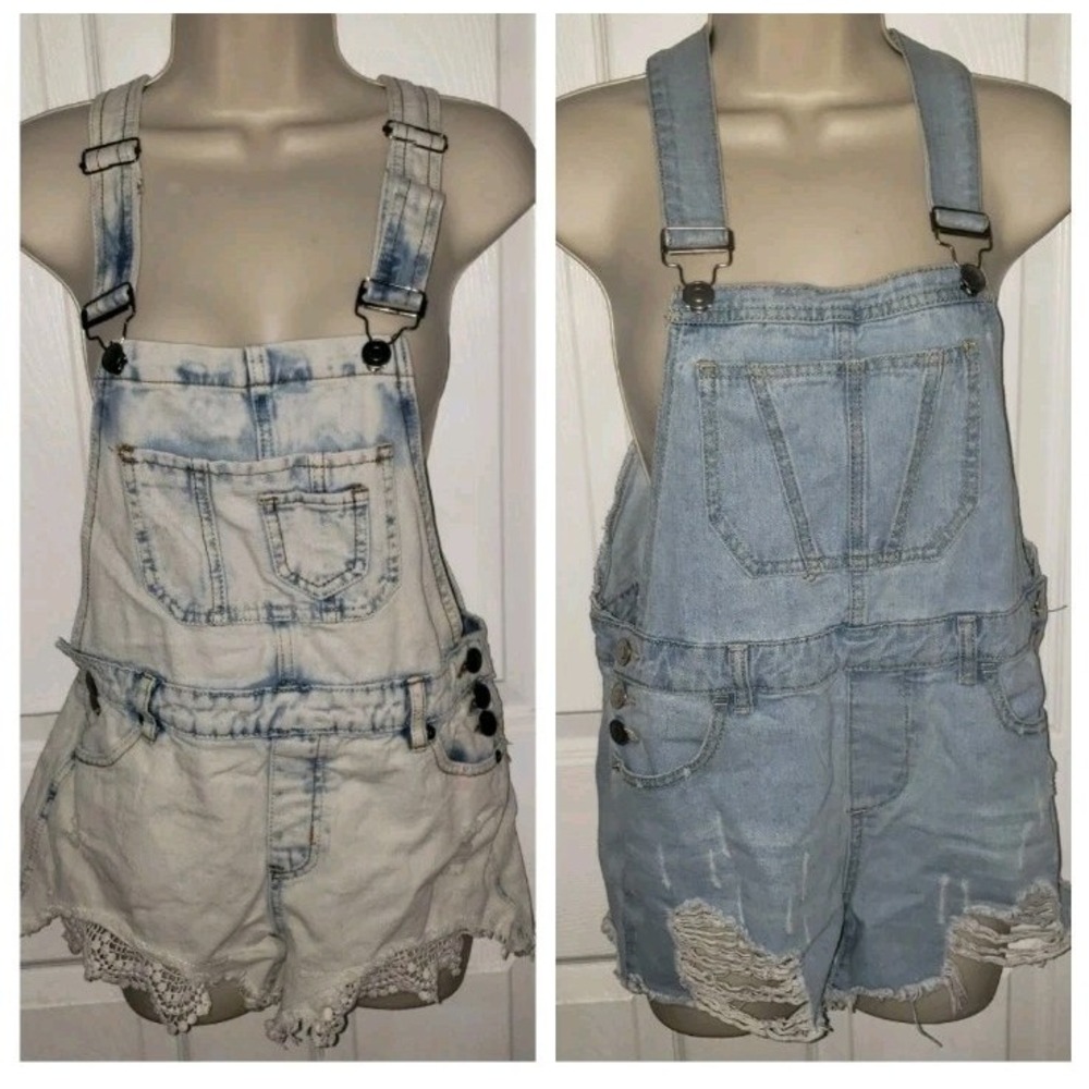 Hot Kiss Ava‎ Lot (2) Size 4 Shortall Bib Denim Distressed Blue Festival Y2K